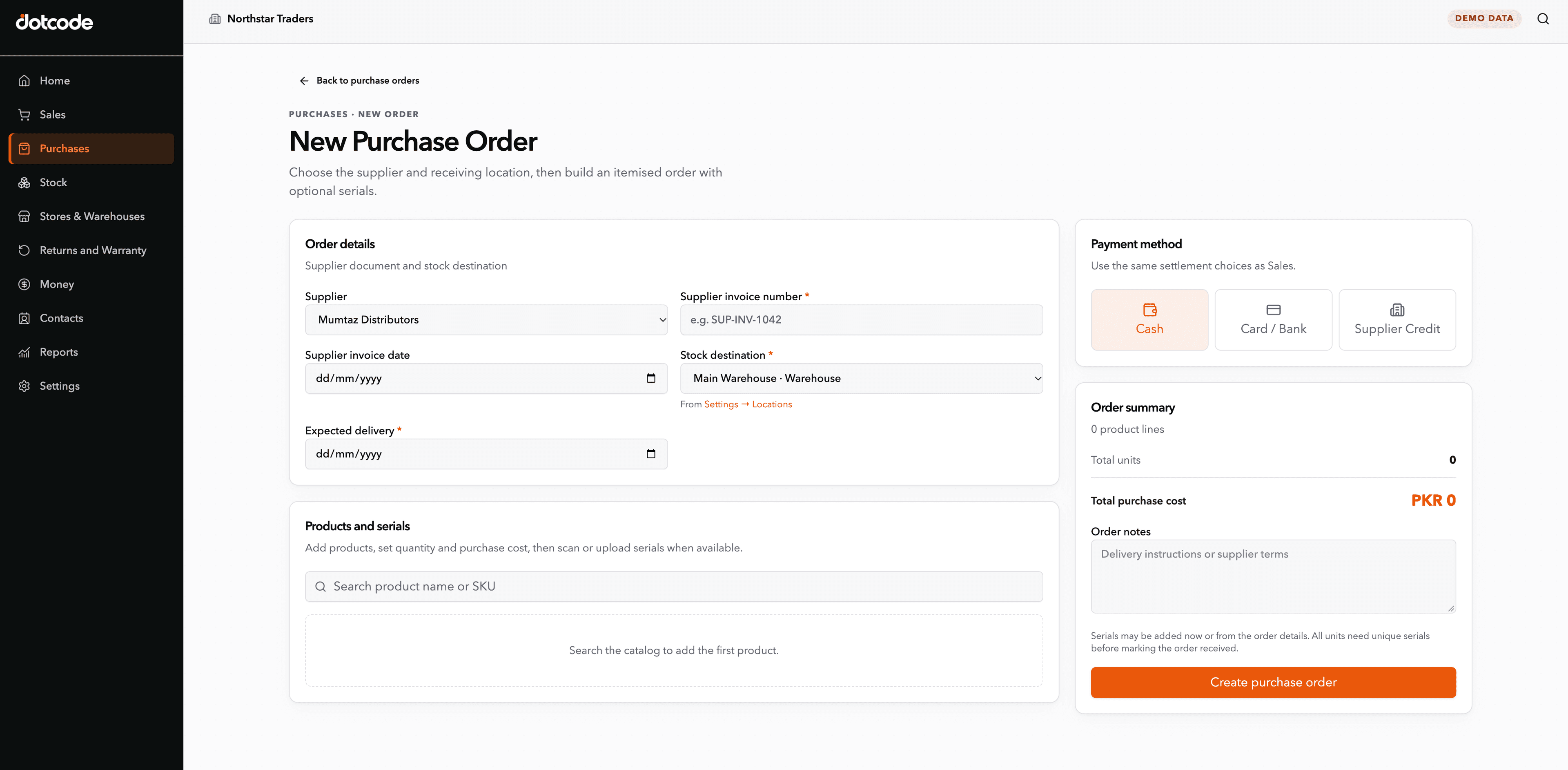 QuickAccounts purchase order for fast-moving consumer goods with supplier and warehouse details
