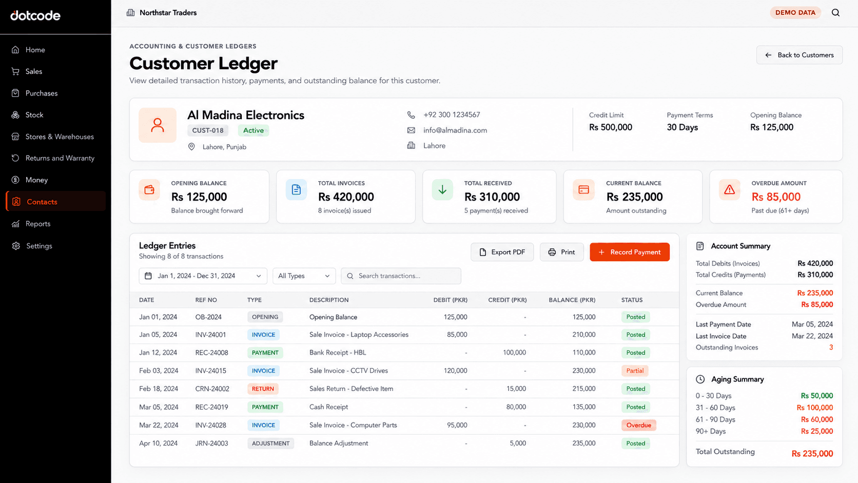 QuickAccounts customer ledger showing invoices, receipts and outstanding balances