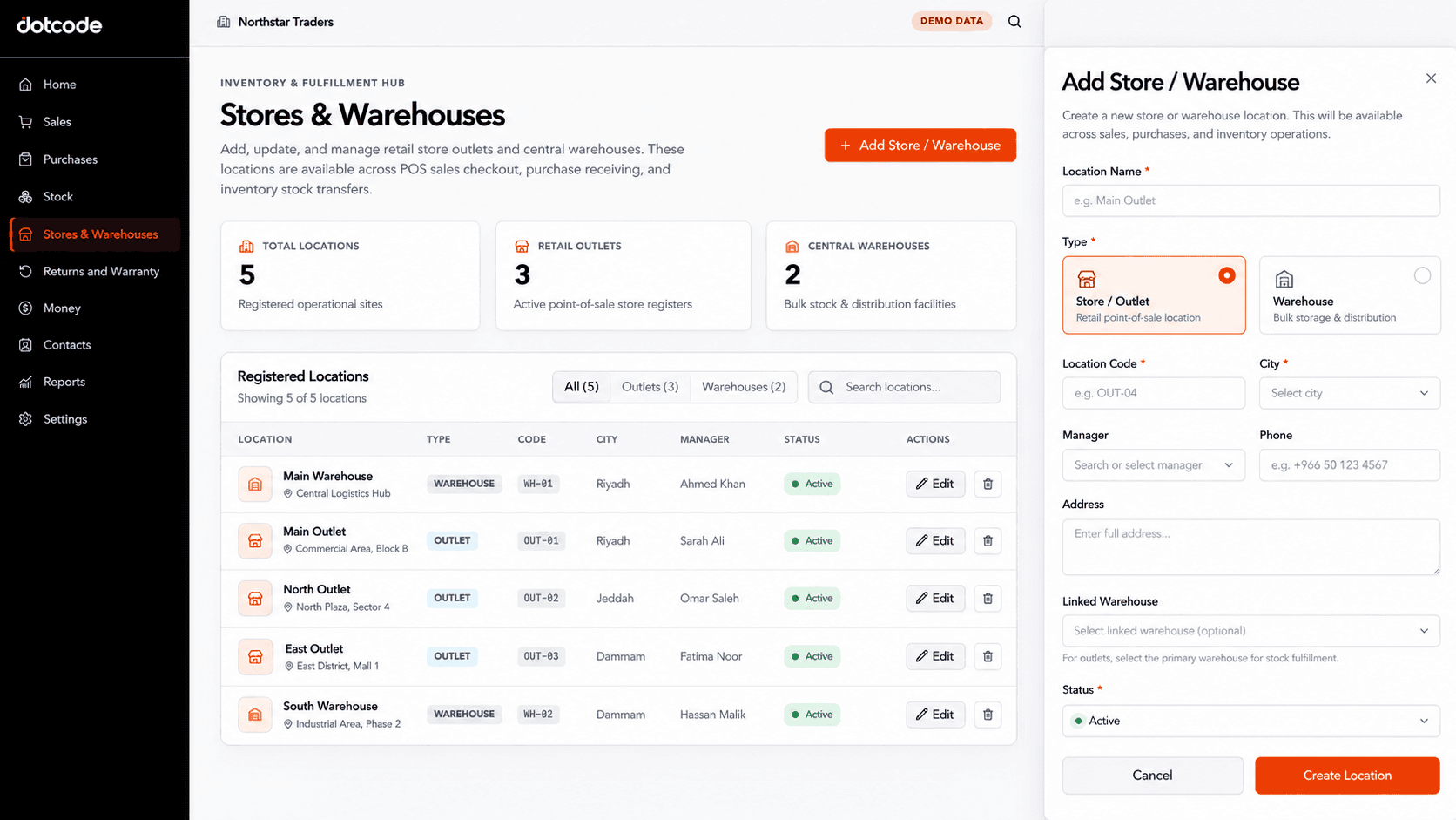 QuickAccounts location setup screen for retail outlets and warehouses