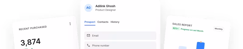App interface cards display recent purchases, Adlink Ghosh's profile, and a sales report.
